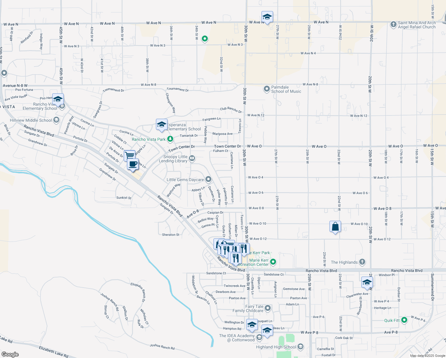 map of restaurants, bars, coffee shops, grocery stores, and more near 3142 Solmira Place in Palmdale