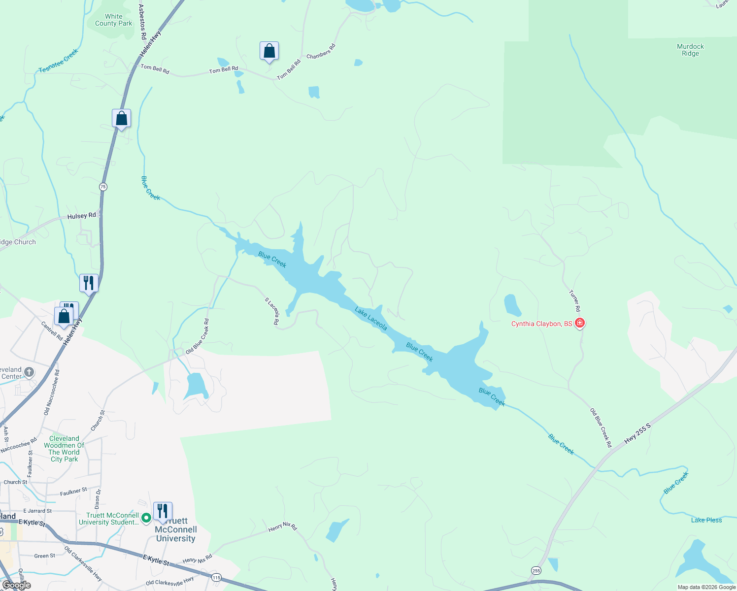 map of restaurants, bars, coffee shops, grocery stores, and more near 147 Spring Winds Drive in Cleveland