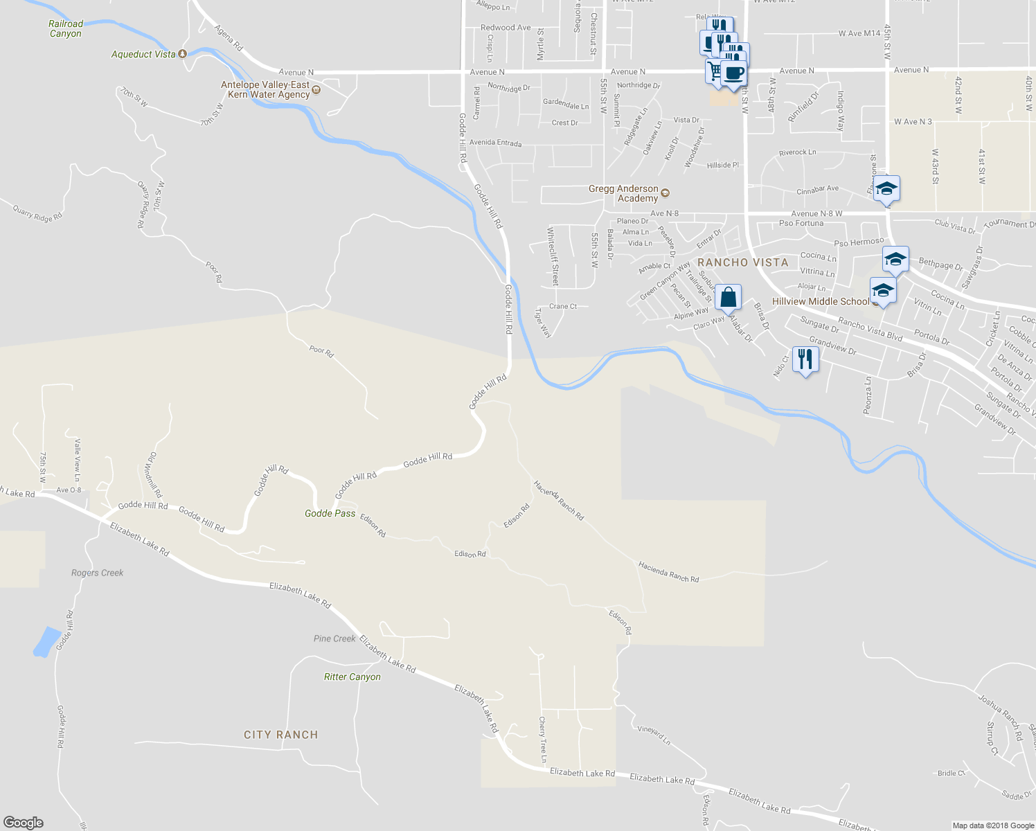 map of restaurants, bars, coffee shops, grocery stores, and more near 5801 Hacienda Ranch Road in Palmdale