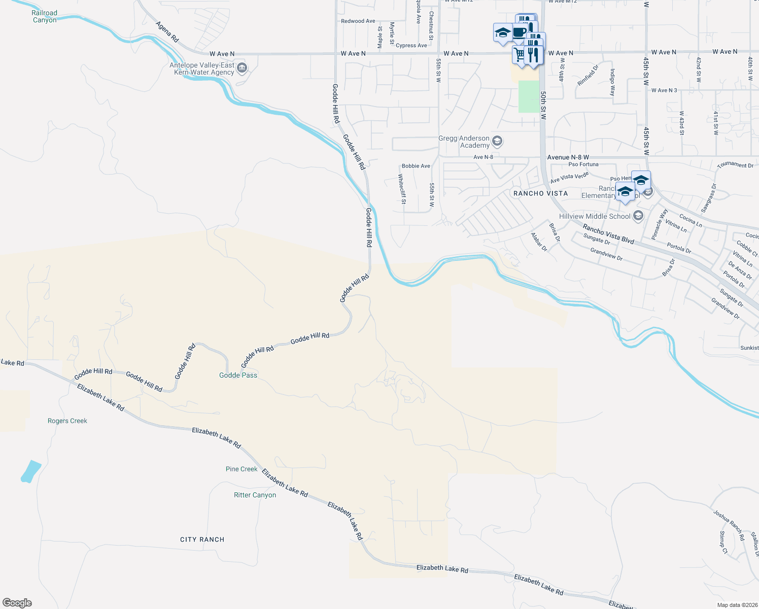 map of restaurants, bars, coffee shops, grocery stores, and more near 5801 Hacienda Ranch Road in Palmdale