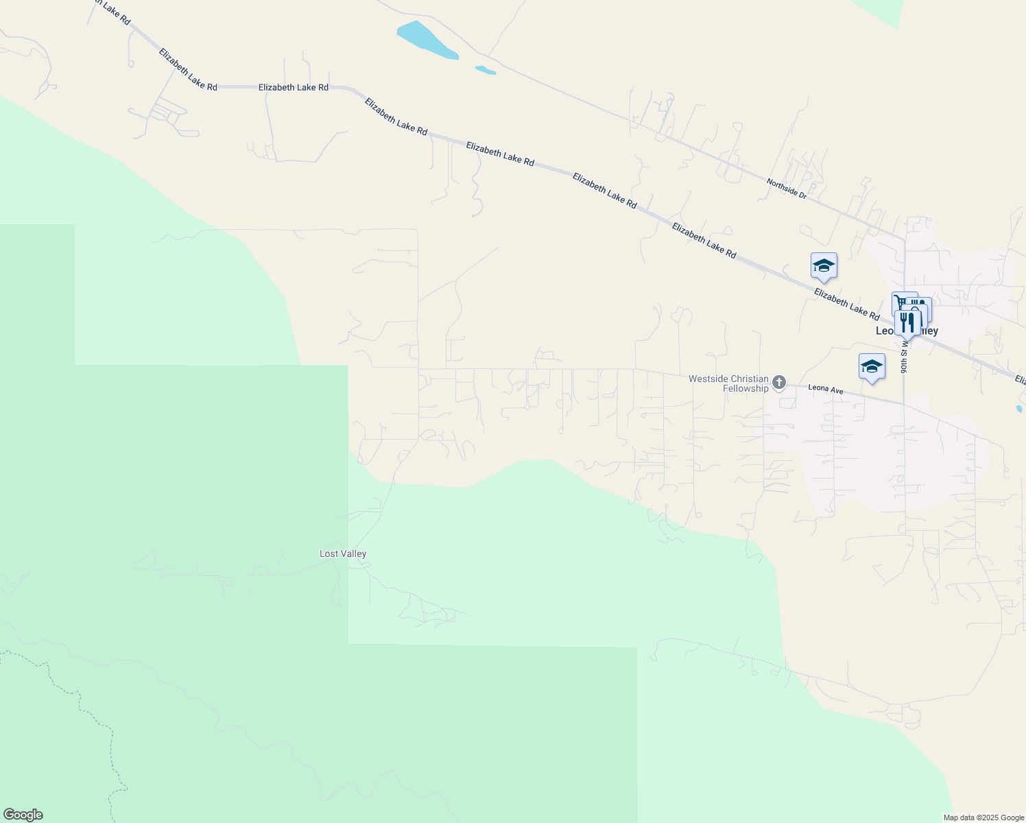 map of restaurants, bars, coffee shops, grocery stores, and more near 40251 Flintrock Road in Leona Valley