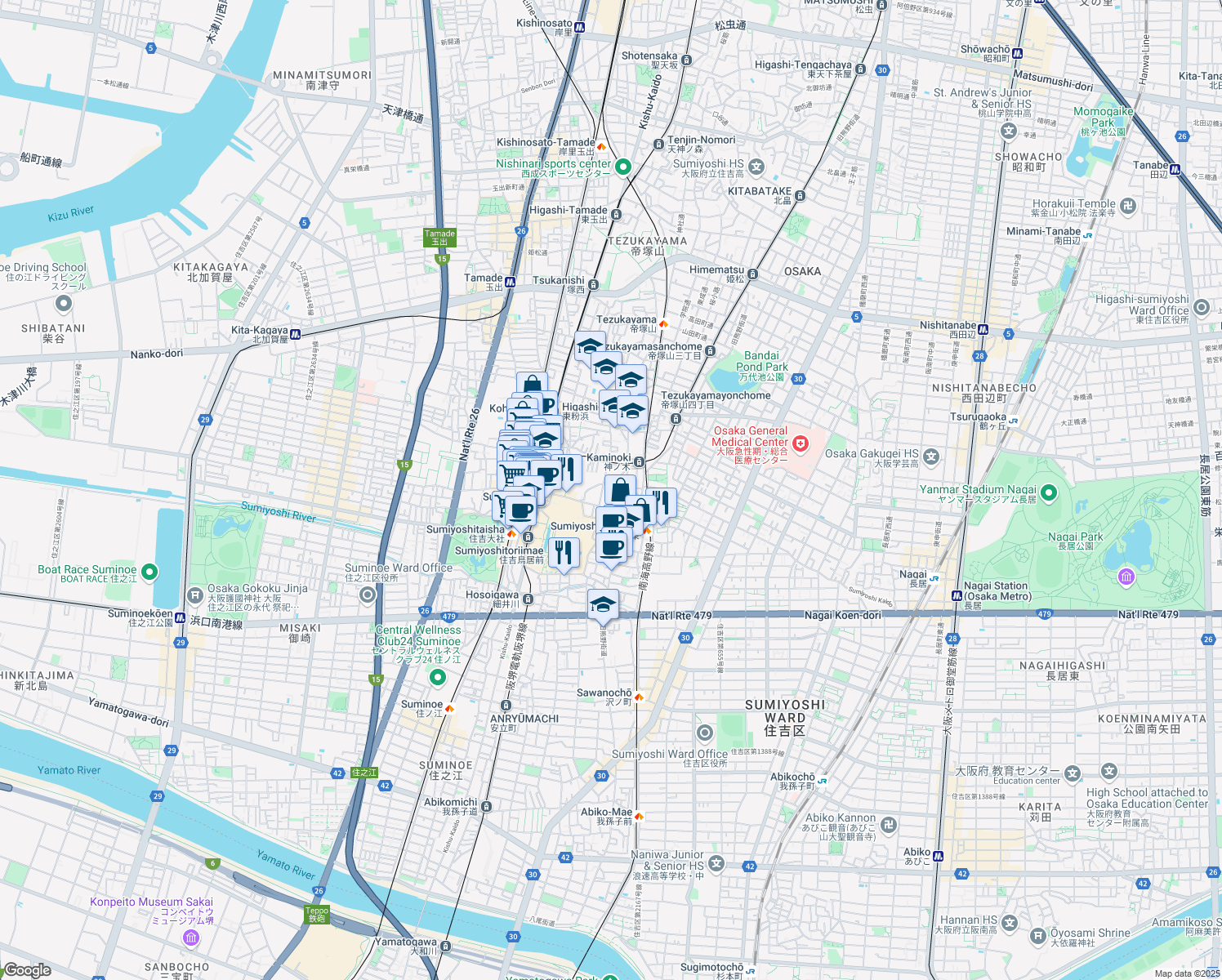 map of restaurants, bars, coffee shops, grocery stores, and more near in Osaka