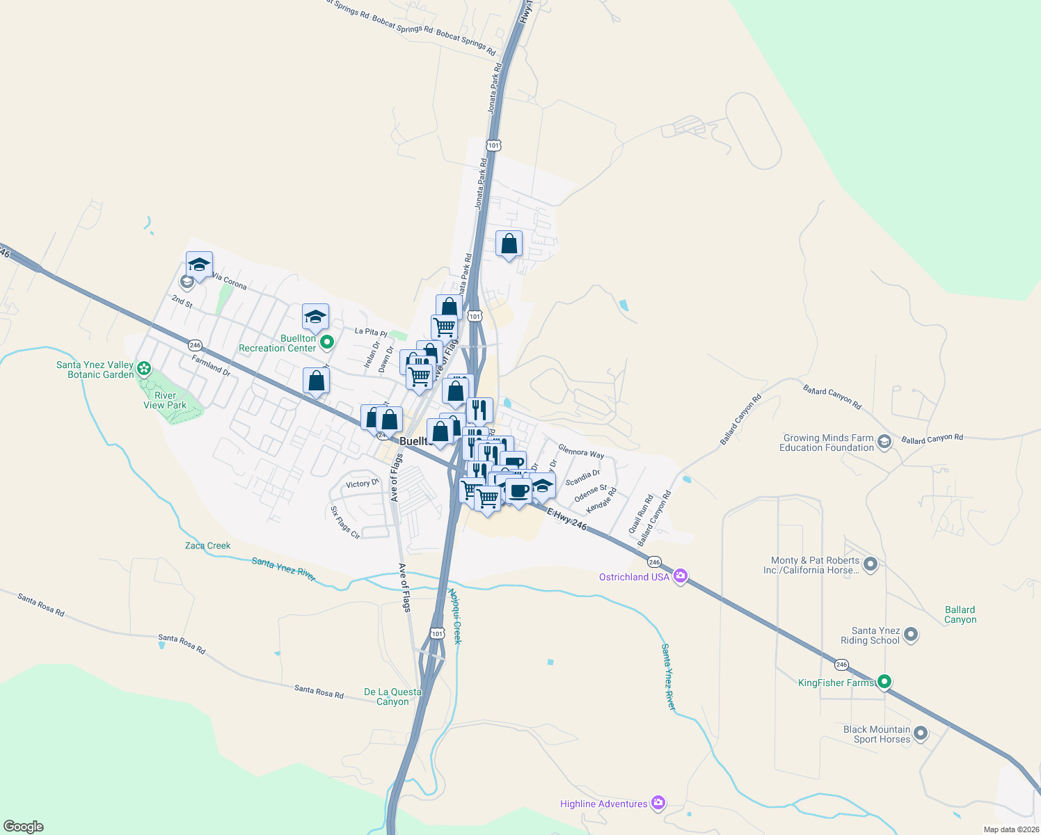 map of restaurants, bars, coffee shops, grocery stores, and more near 233 Deming Way in Buellton