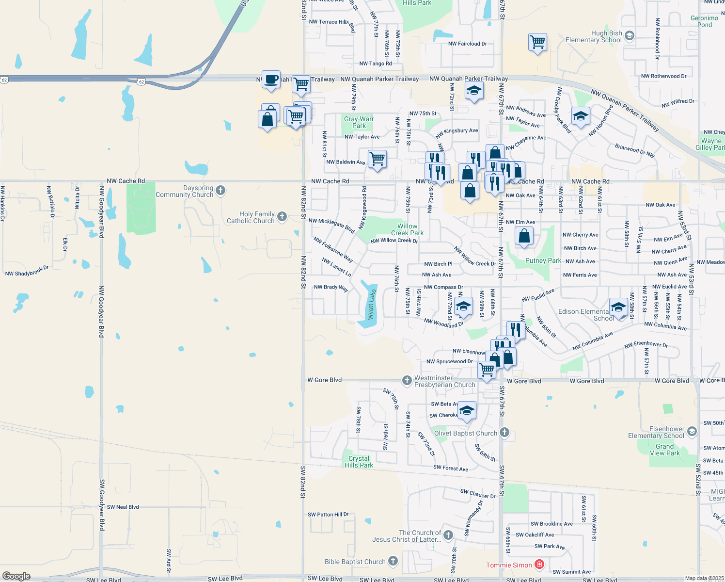 map of restaurants, bars, coffee shops, grocery stores, and more near 613 Northwest Micklegate Boulevard in Lawton