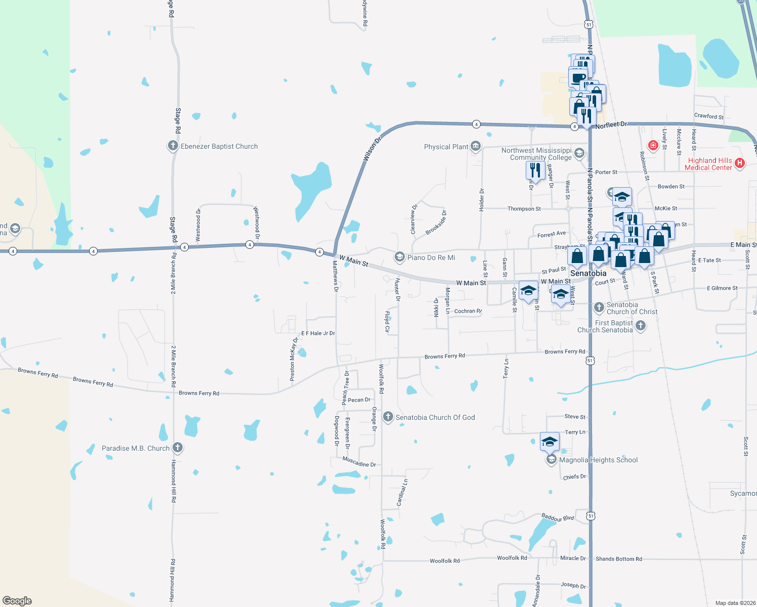map of restaurants, bars, coffee shops, grocery stores, and more near 128 Gardenview Drive in Senatobia