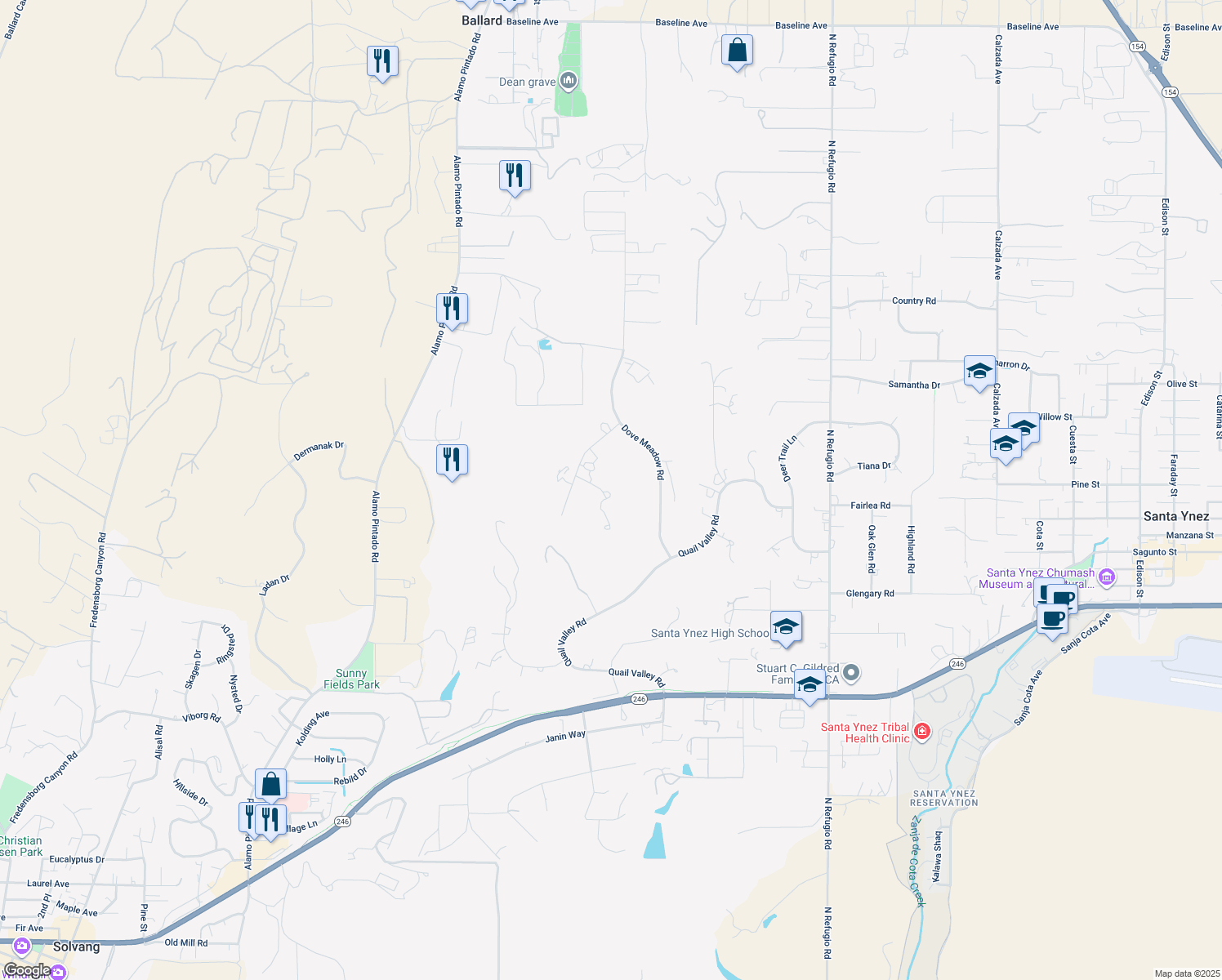 map of restaurants, bars, coffee shops, grocery stores, and more near 2591 Deer Hill Lane in Solvang