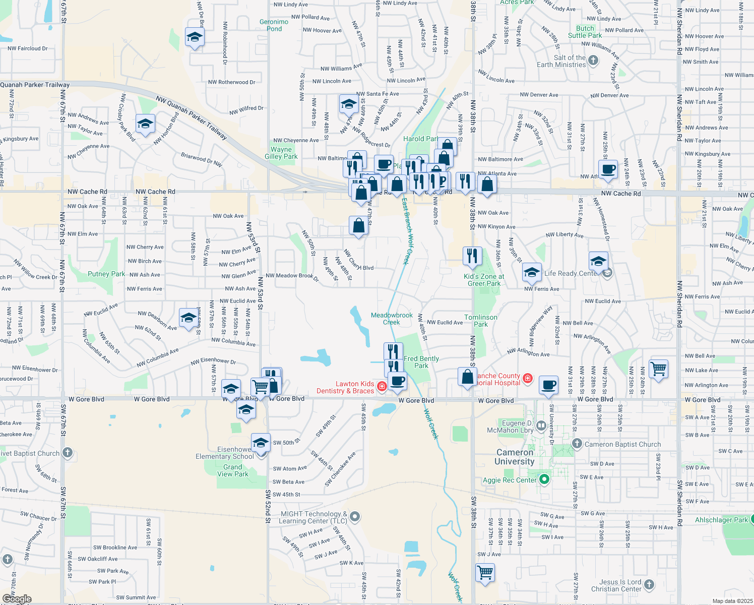map of restaurants, bars, coffee shops, grocery stores, and more near 726 Northwest 46th Street in Lawton