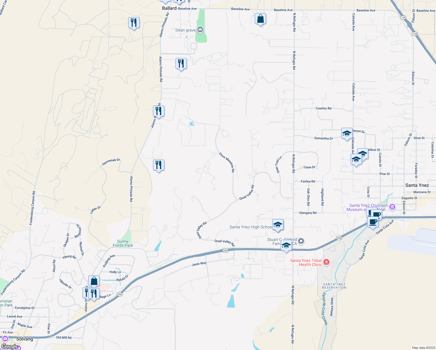 map of restaurants, bars, coffee shops, grocery stores, and more near 2591 Deer Hill Lane in Solvang