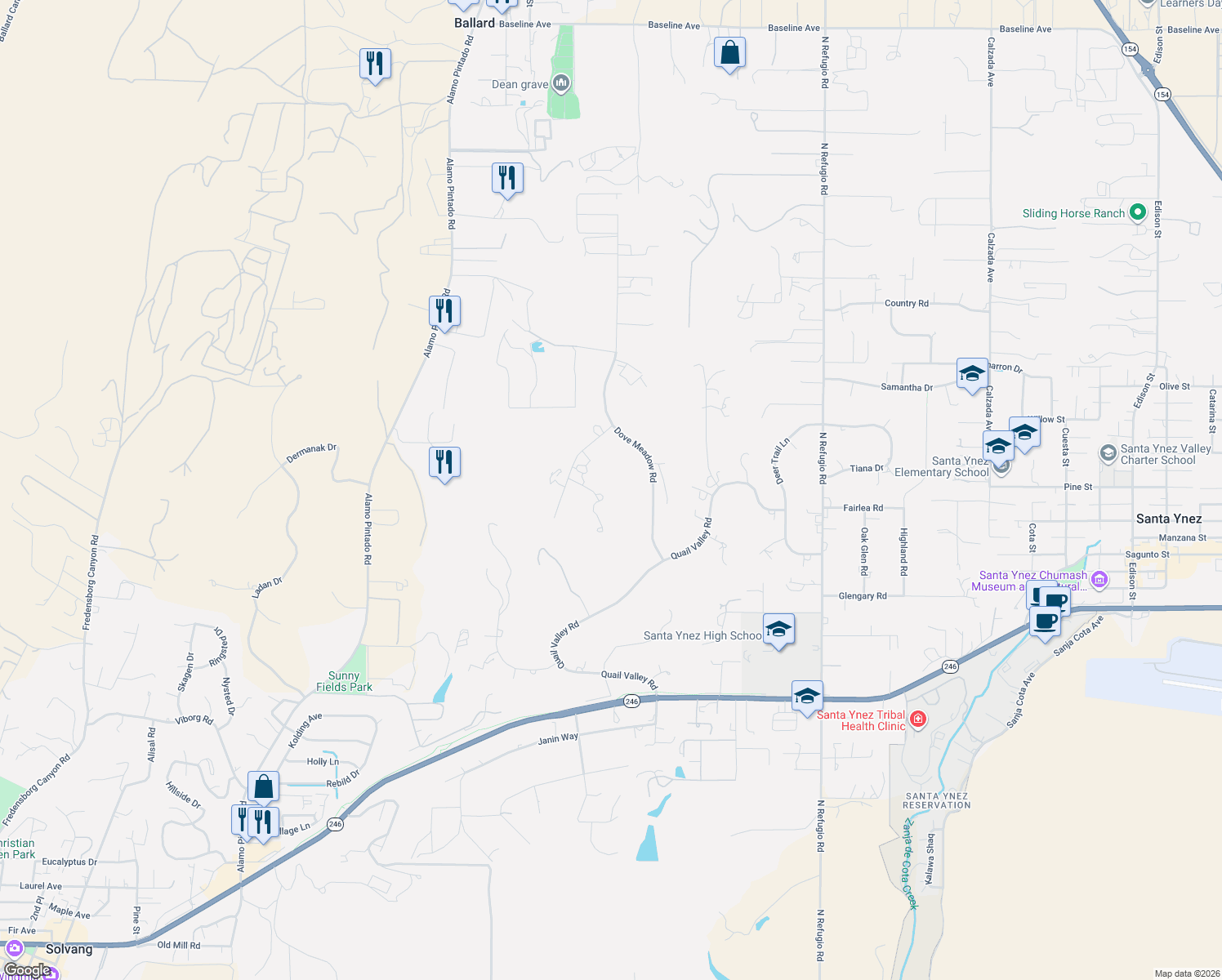 map of restaurants, bars, coffee shops, grocery stores, and more near 2591 Deer Hill Lane in Solvang