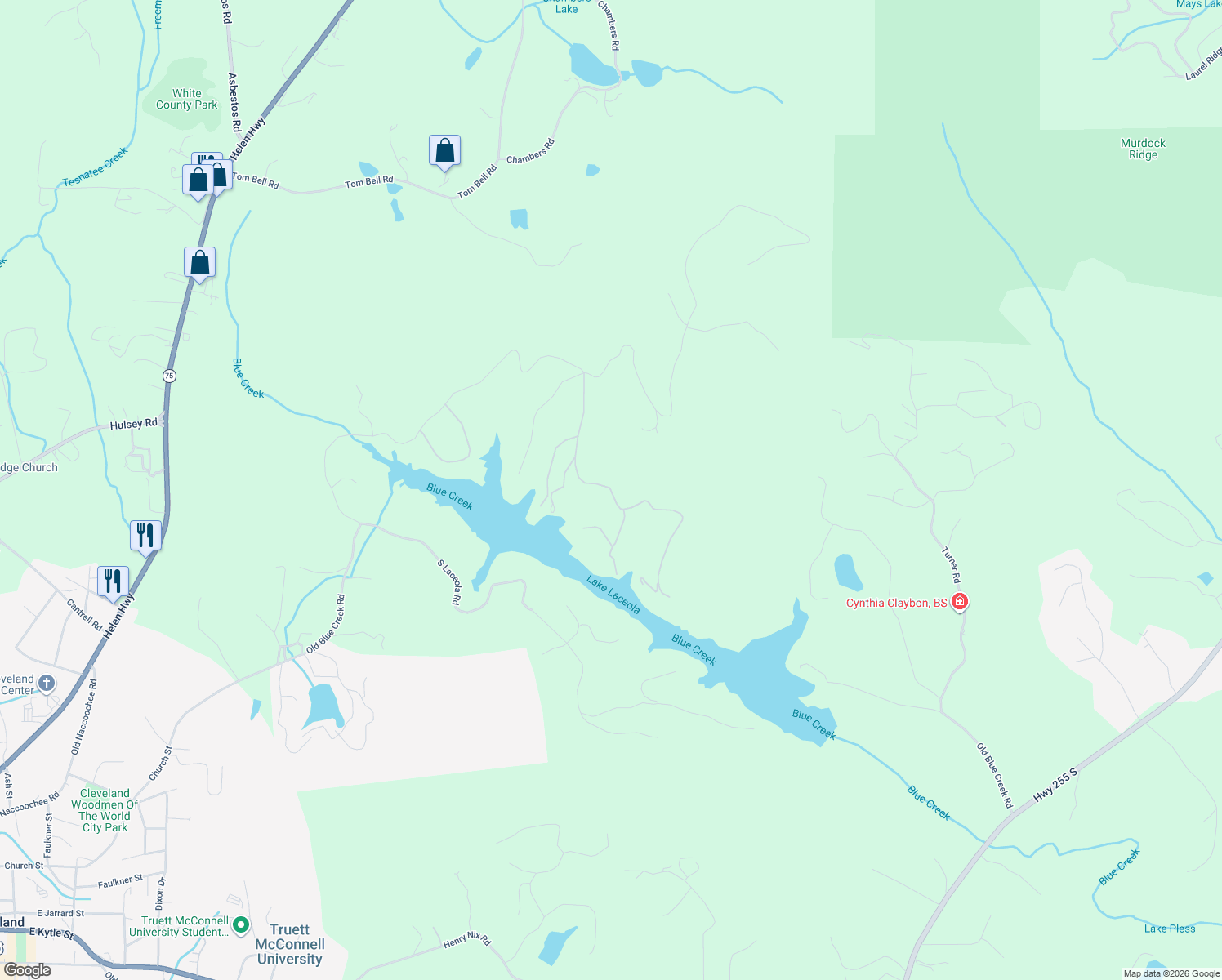 map of restaurants, bars, coffee shops, grocery stores, and more near North Shore Drive in White County