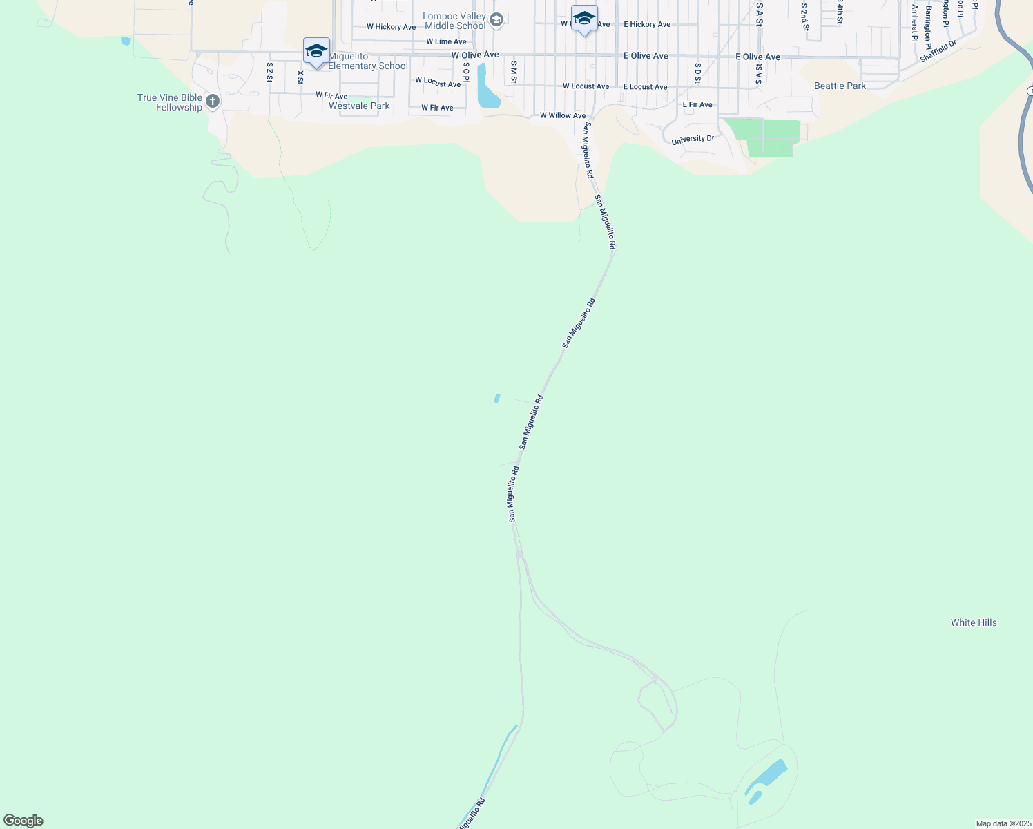 map of restaurants, bars, coffee shops, grocery stores, and more near 1505 San Miguelito Road in Lompoc