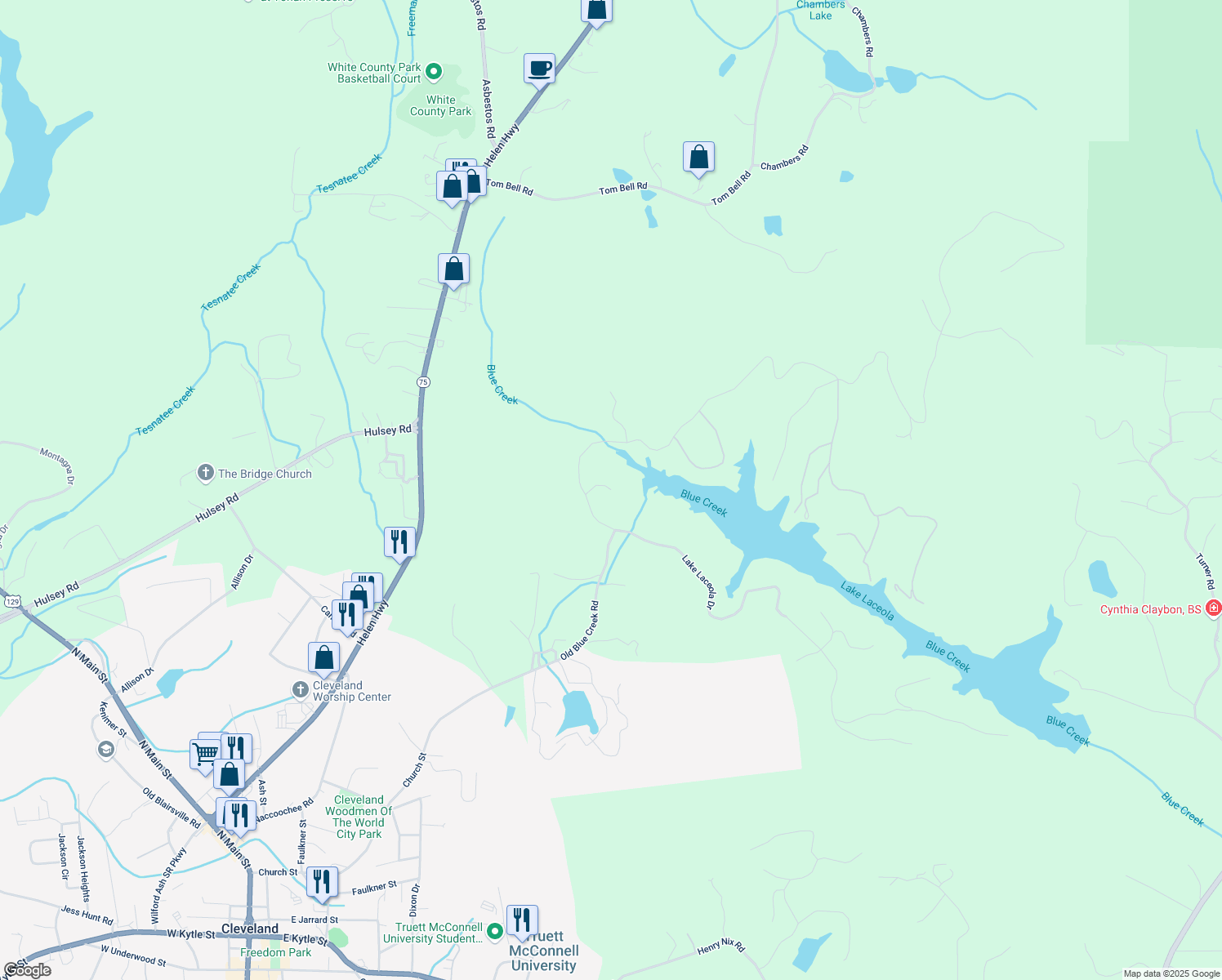 map of restaurants, bars, coffee shops, grocery stores, and more near 154 Headwaters Court in Cleveland