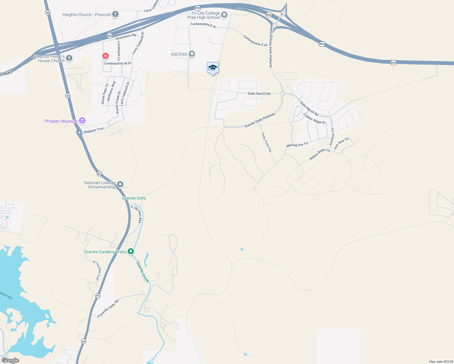 map of restaurants, bars, coffee shops, grocery stores, and more near Peavine Trail (Prescott Peavine Trail) in Prescott