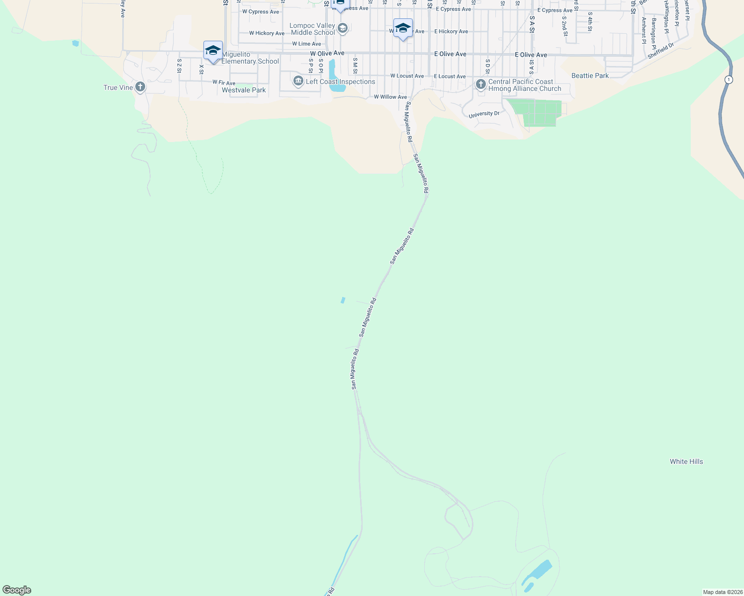 map of restaurants, bars, coffee shops, grocery stores, and more near 1485 San Miguelito Road in Lompoc