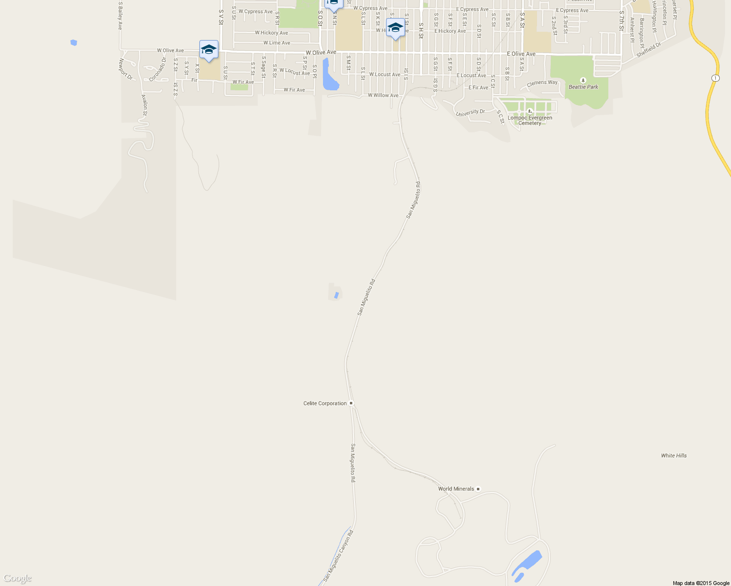 map of restaurants, bars, coffee shops, grocery stores, and more near 1485 San Miguelito Road in Lompoc