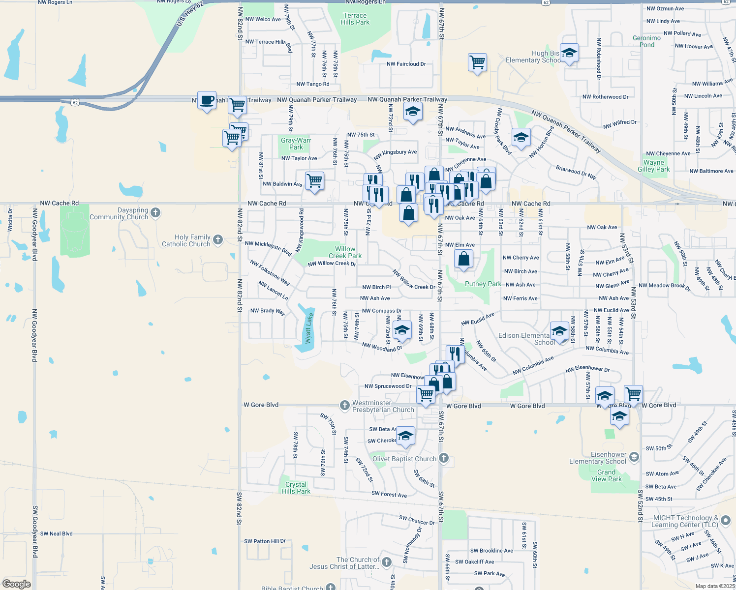 map of restaurants, bars, coffee shops, grocery stores, and more near 7125 NW Ash Ave in Lawton