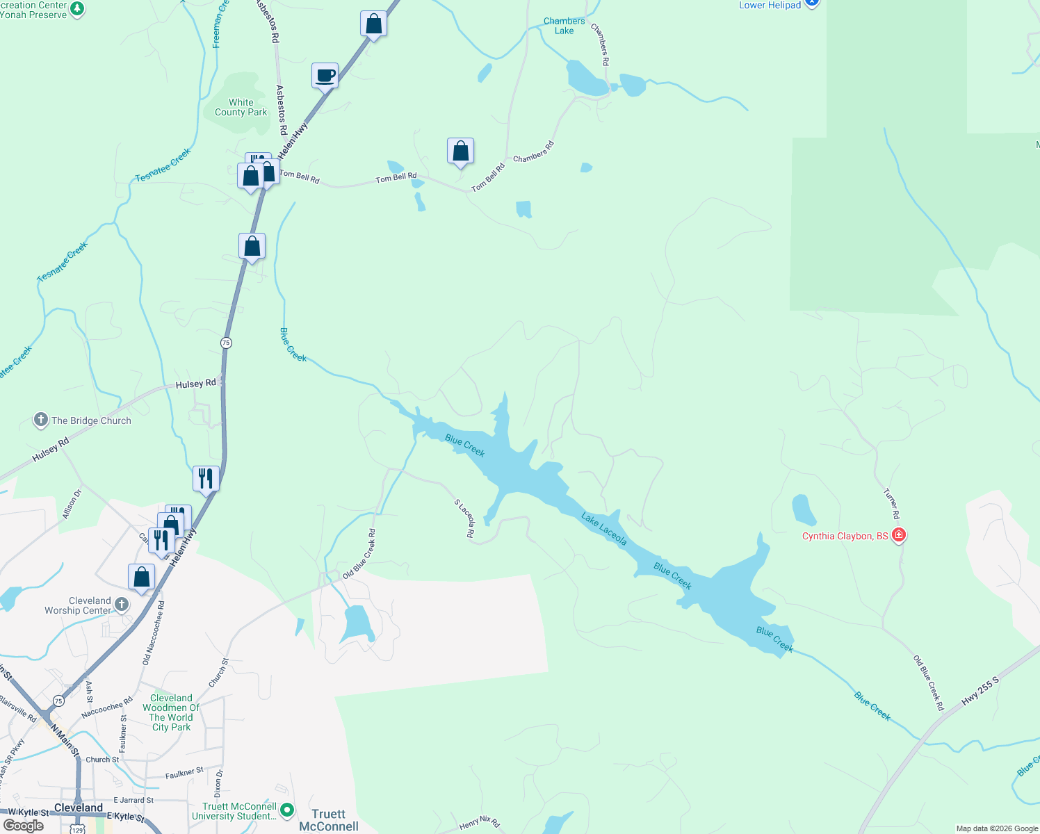map of restaurants, bars, coffee shops, grocery stores, and more near 307 Lake Laceola Drive in Cleveland