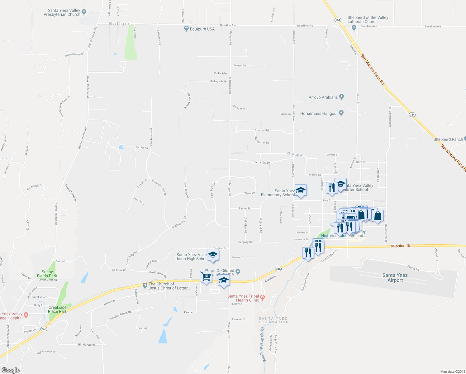 map of restaurants, bars, coffee shops, grocery stores, and more near 1264 North Refugio Road in Santa Ynez