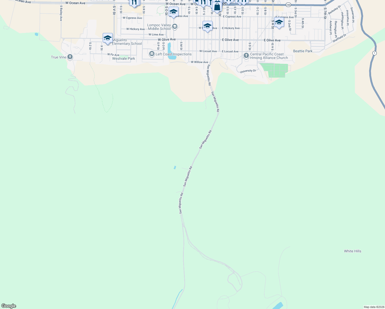 map of restaurants, bars, coffee shops, grocery stores, and more near 1395 San Miguelito Road in Lompoc