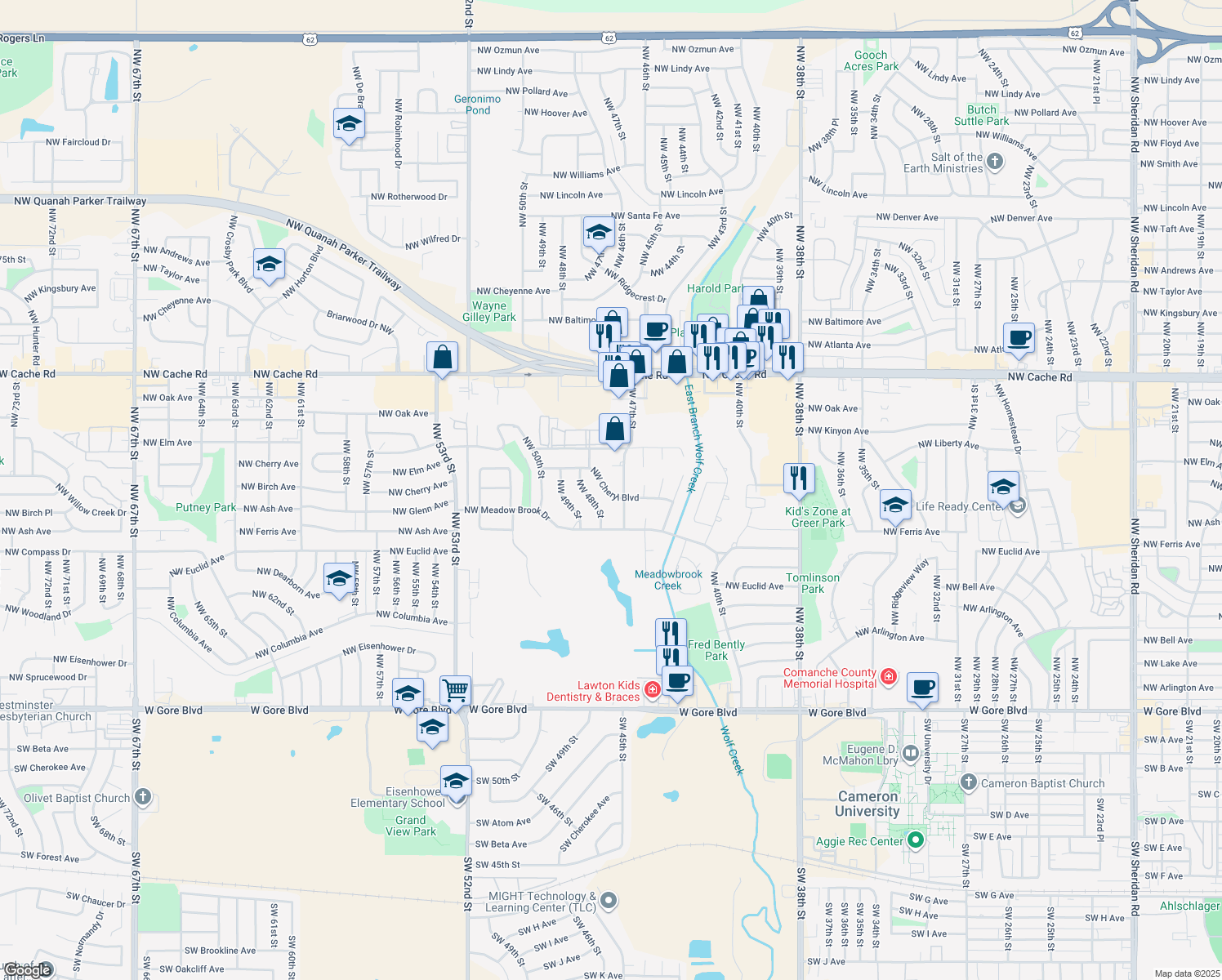 map of restaurants, bars, coffee shops, grocery stores, and more near 4705 Northwest Cheryl Boulevard in Lawton