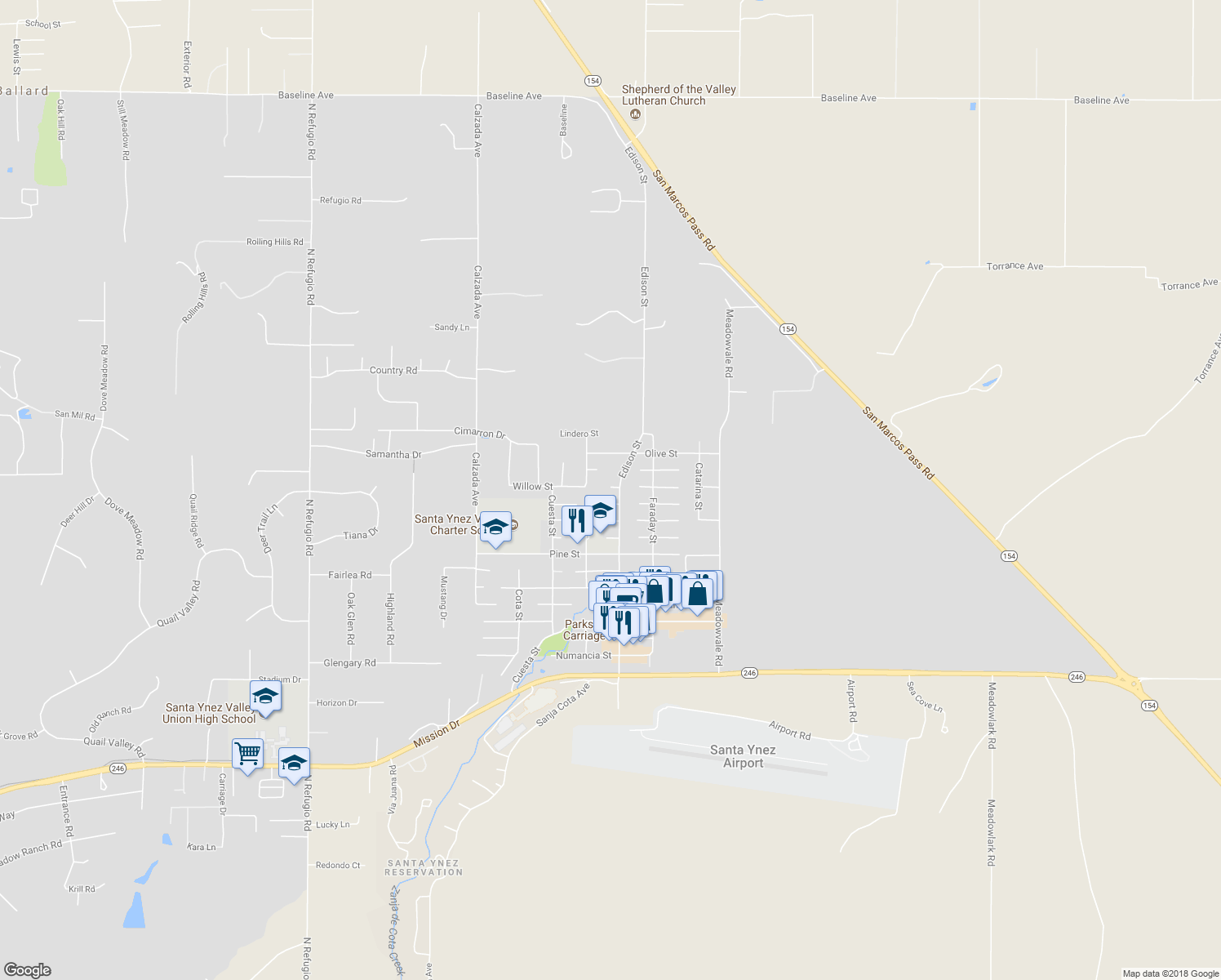 map of restaurants, bars, coffee shops, grocery stores, and more near 1299 Edison Street in Santa Ynez