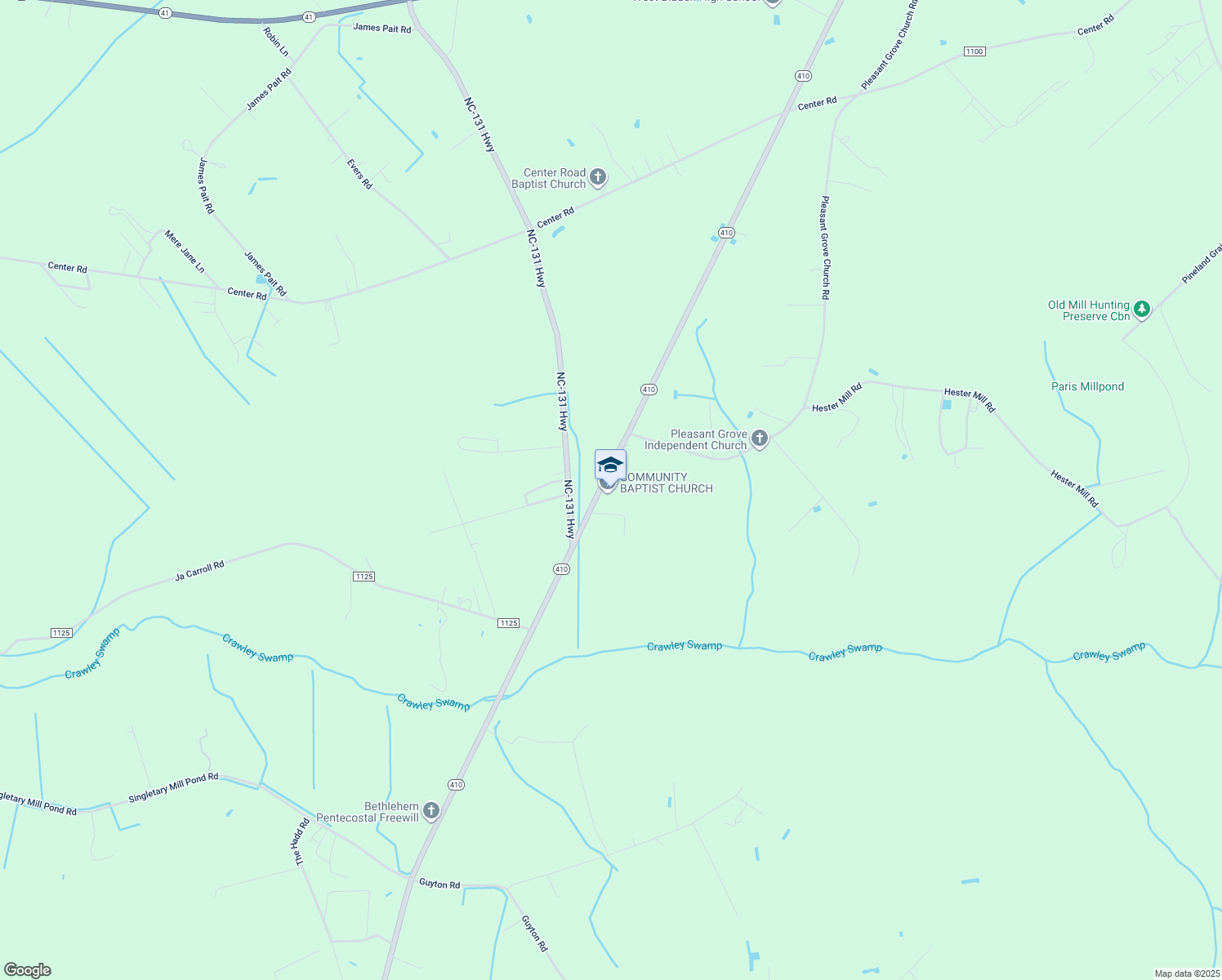 map of restaurants, bars, coffee shops, grocery stores, and more near 3107 North Carolina 410 in Bladenboro