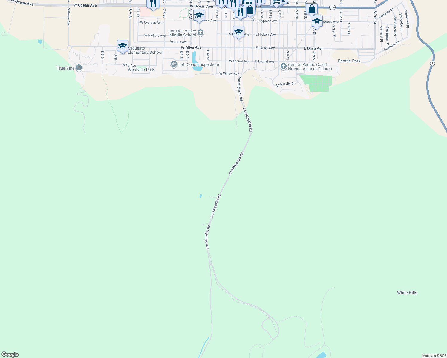 map of restaurants, bars, coffee shops, grocery stores, and more near 1395 San Miguelito Road in Lompoc