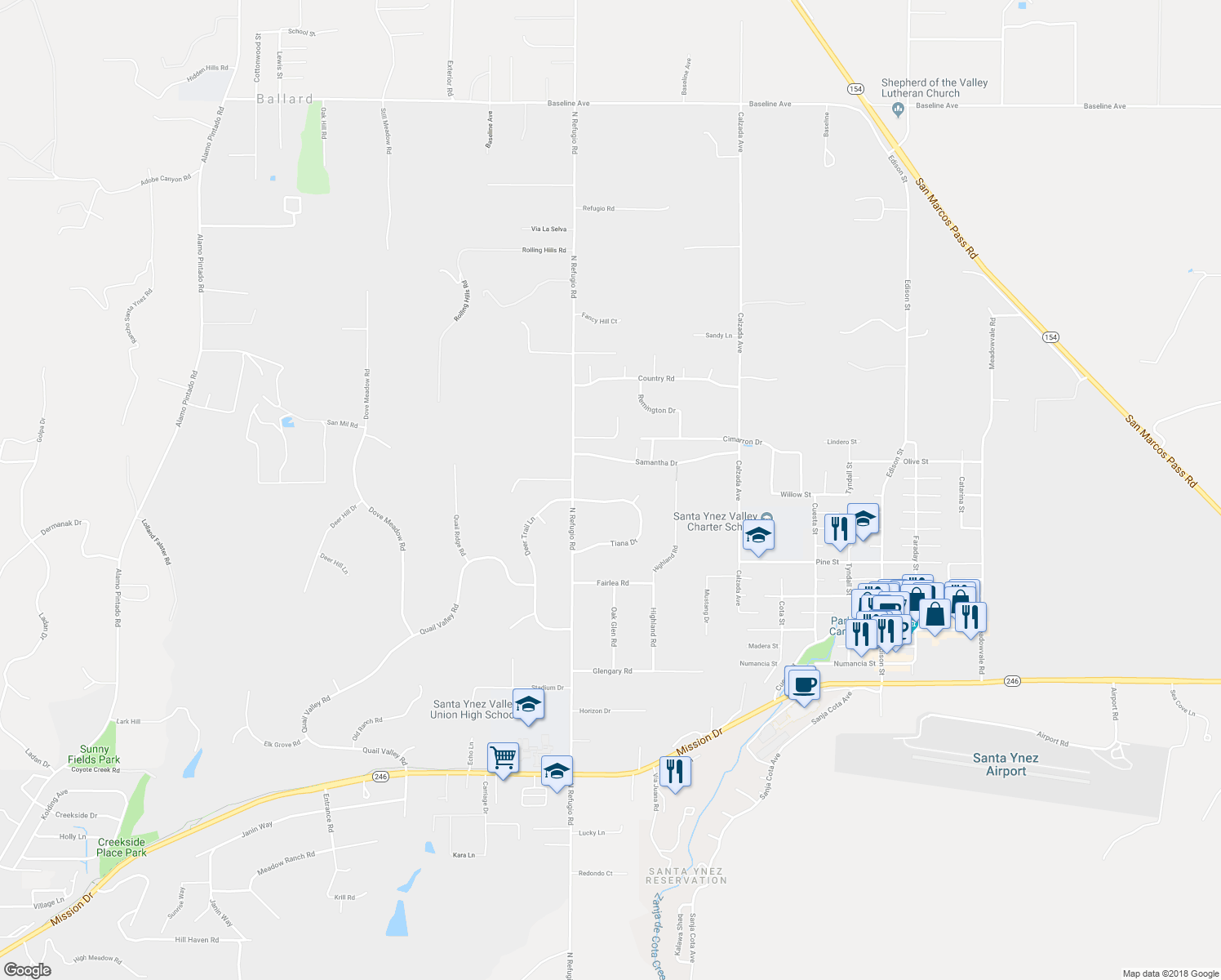 map of restaurants, bars, coffee shops, grocery stores, and more near 1375 Deer Trail Lane in Santa Ynez