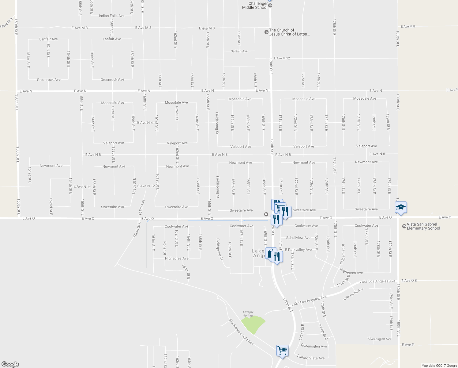 map of restaurants, bars, coffee shops, grocery stores, and more near 40607 166th Street East in Lancaster