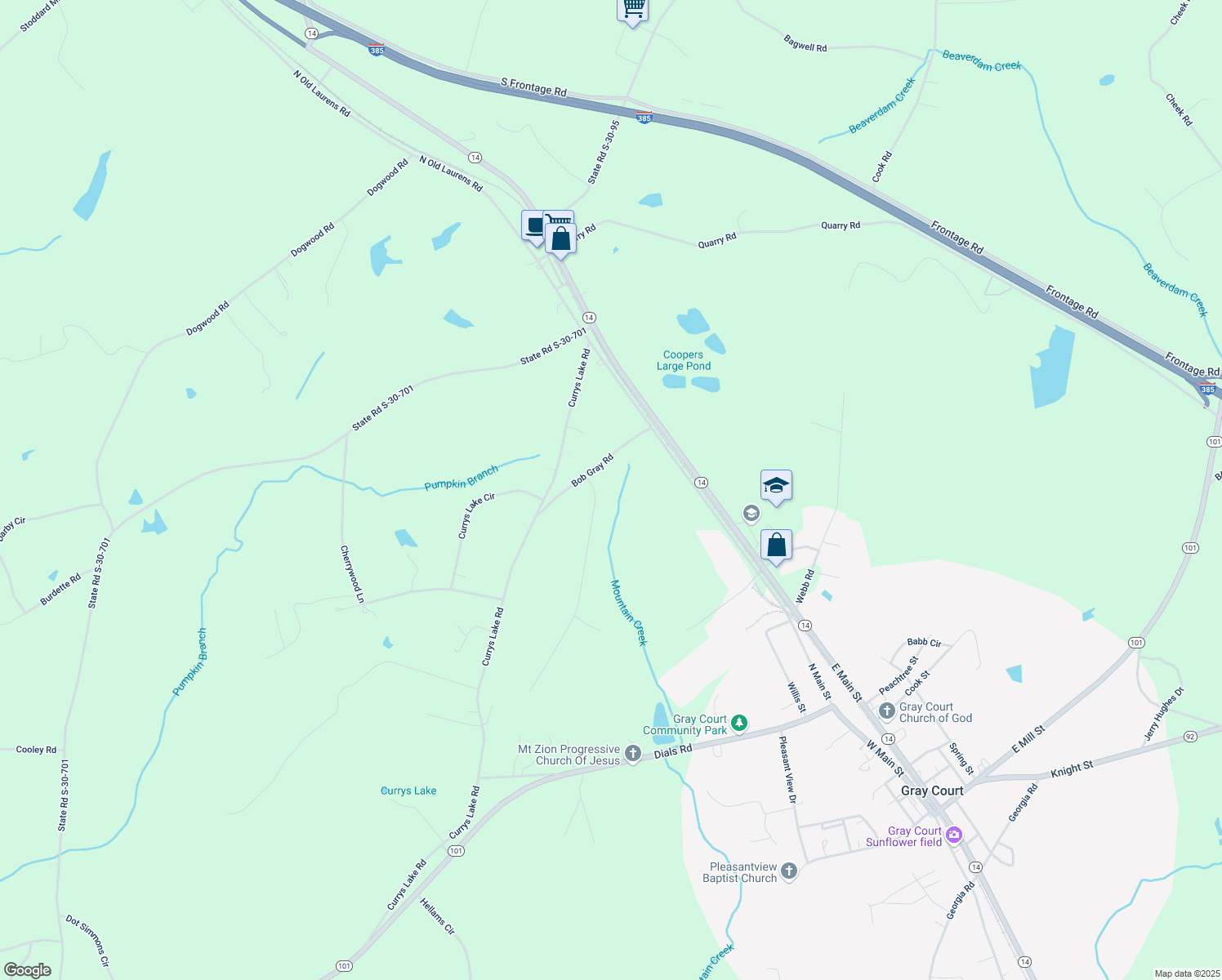 map of restaurants, bars, coffee shops, grocery stores, and more near 1515 Currys Lake Road in Gray Court