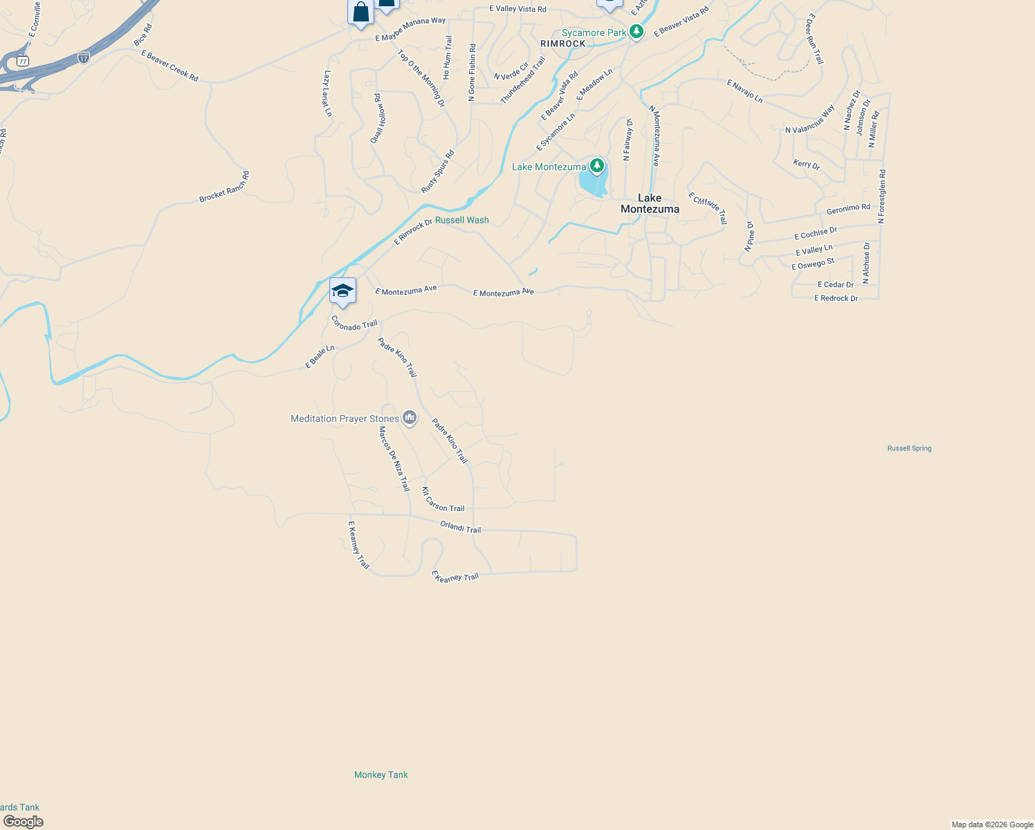 map of restaurants, bars, coffee shops, grocery stores, and more near 3505 Kit Carson Trail in Lake Montezuma