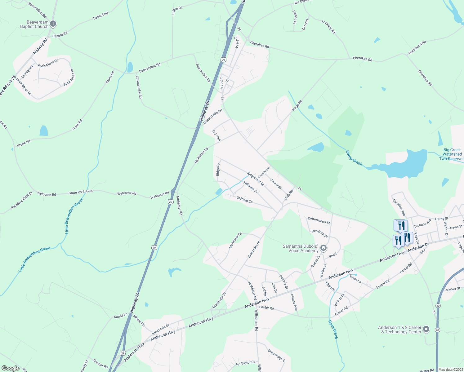 map of restaurants, bars, coffee shops, grocery stores, and more near 123 Ridge Drive in Williamston