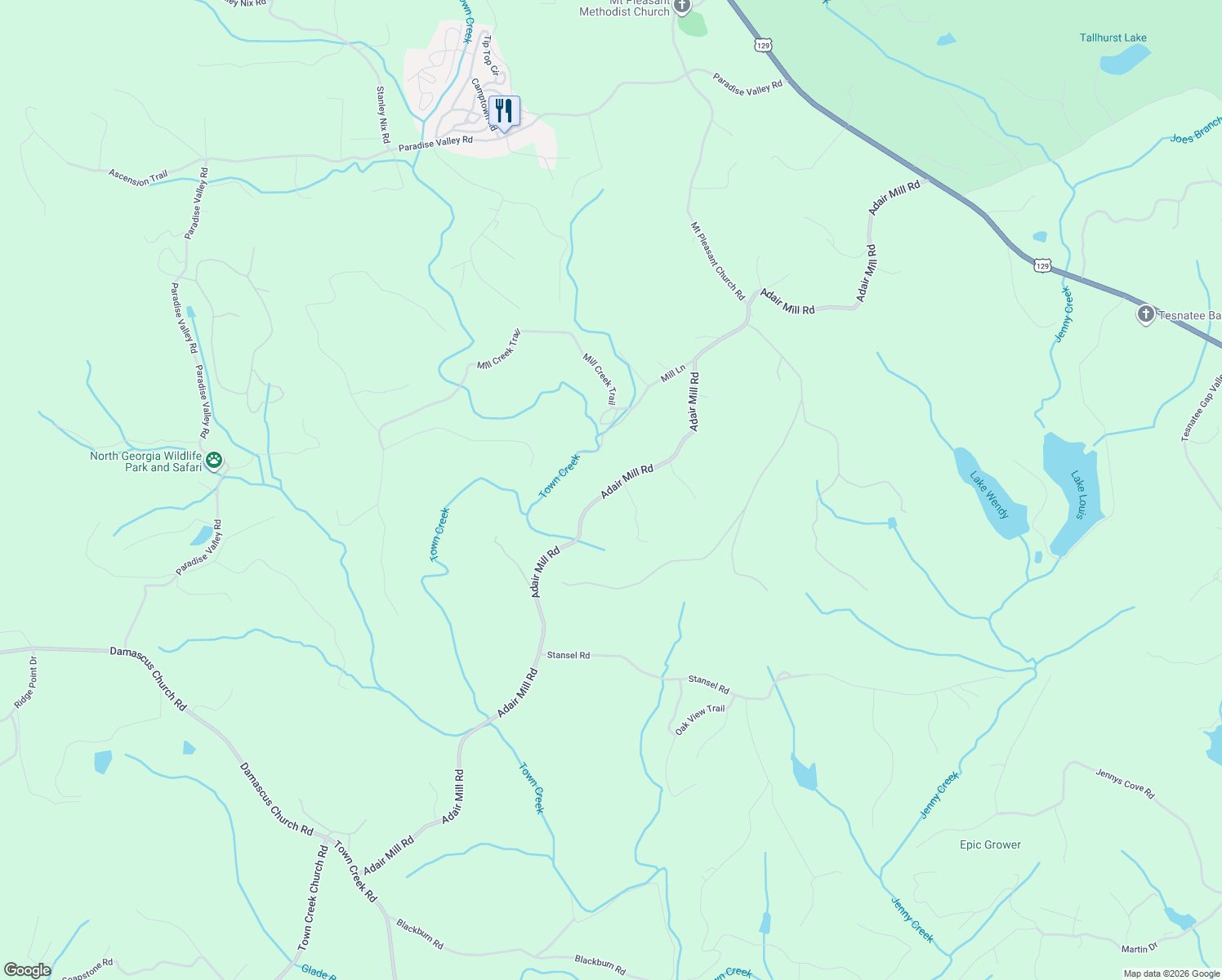 map of restaurants, bars, coffee shops, grocery stores, and more near Adair Mill Road in Cleveland