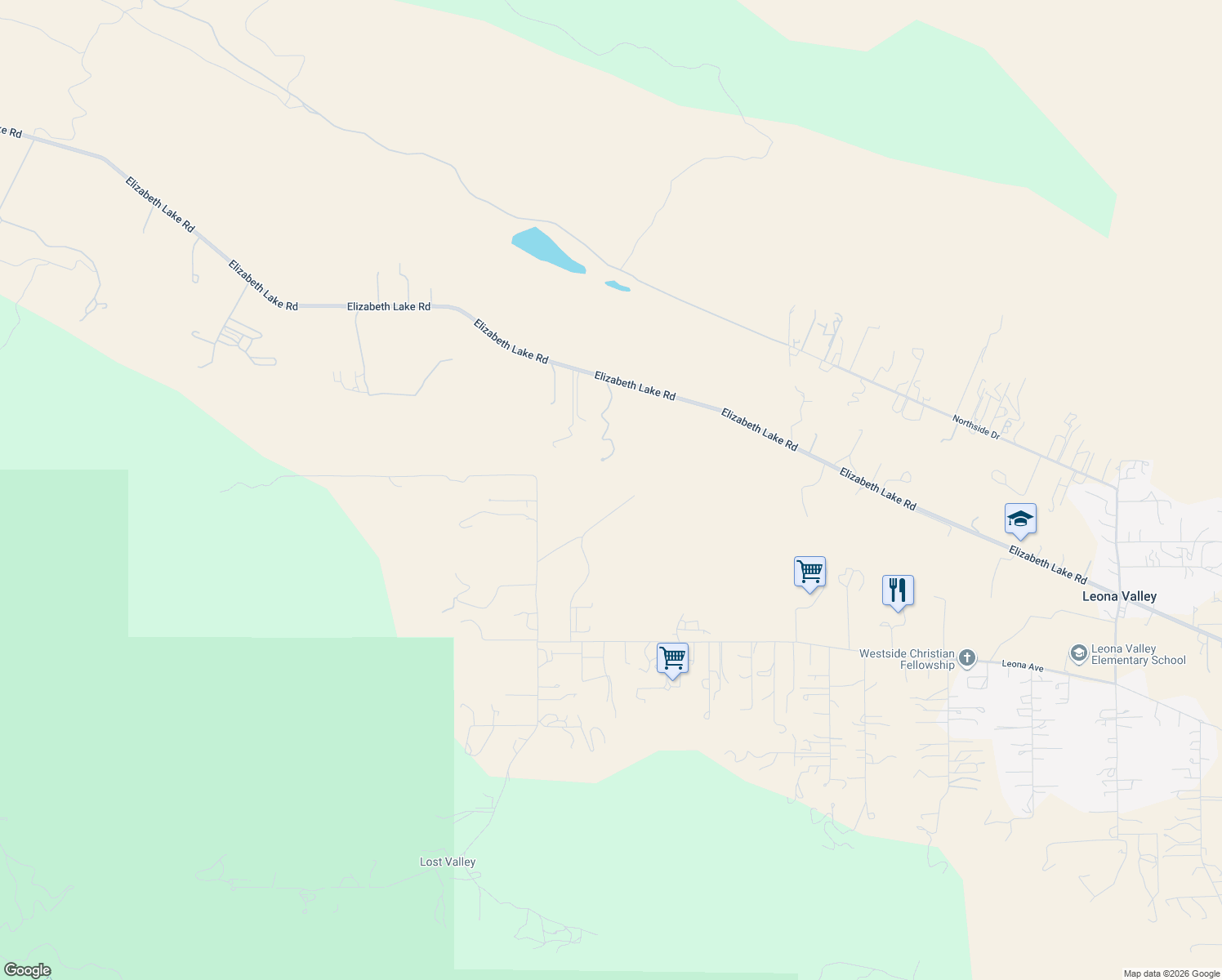 map of restaurants, bars, coffee shops, grocery stores, and more near 40741 Giamillo Dr in Leona Valley