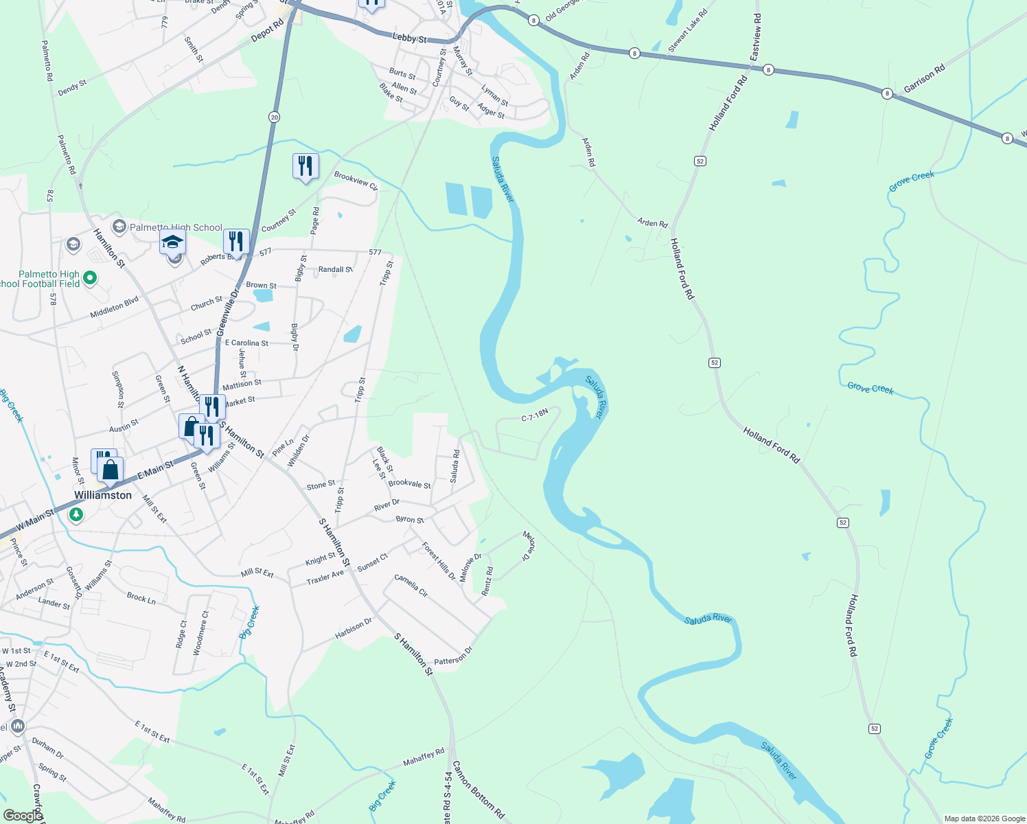 map of restaurants, bars, coffee shops, grocery stores, and more near 430 Saluda Road in Williamston