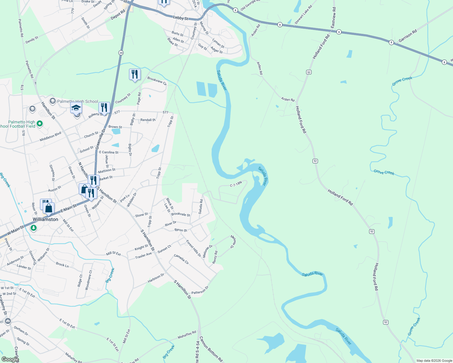 map of restaurants, bars, coffee shops, grocery stores, and more near 430 Saluda Road in Williamston