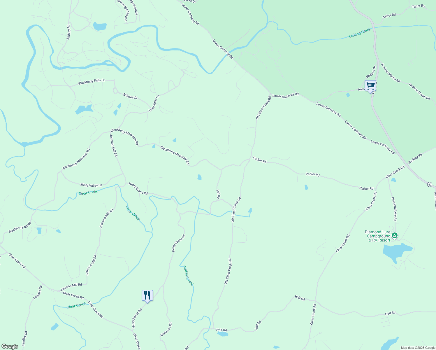 map of restaurants, bars, coffee shops, grocery stores, and more near 54 Hill Road in Ellijay