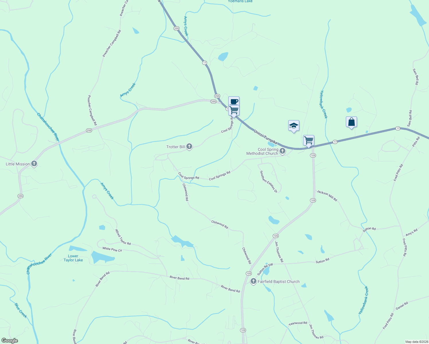 map of restaurants, bars, coffee shops, grocery stores, and more near 813 Cool Springs Road in Clarkesville