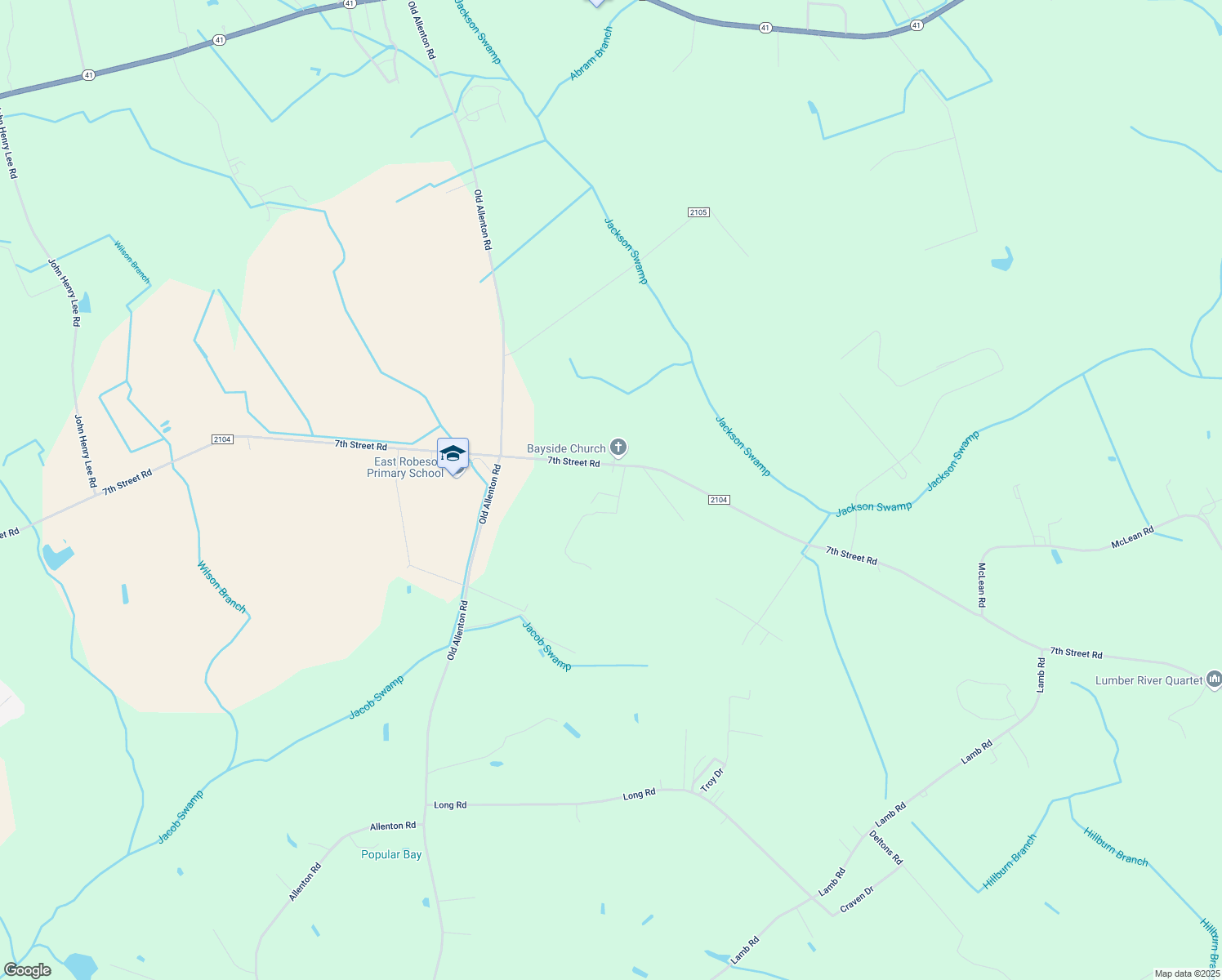 map of restaurants, bars, coffee shops, grocery stores, and more near 76 Bessie in Lumberton