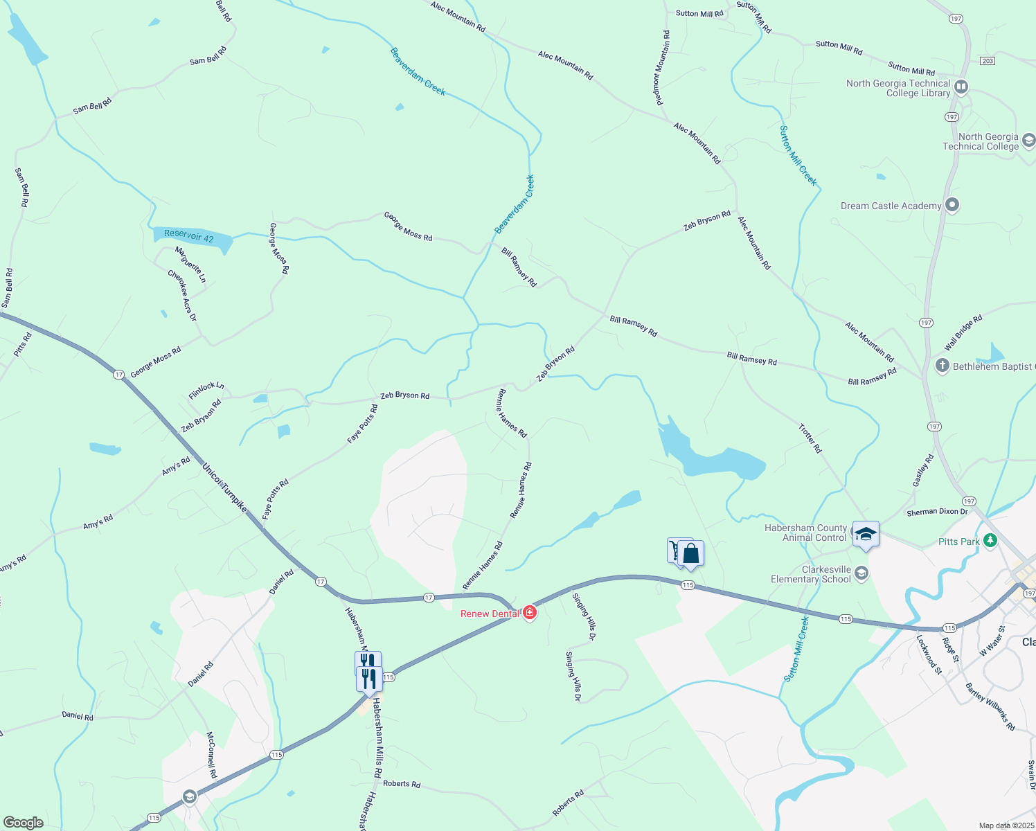 map of restaurants, bars, coffee shops, grocery stores, and more near 736 Rennie Hames Road in Clarkesville