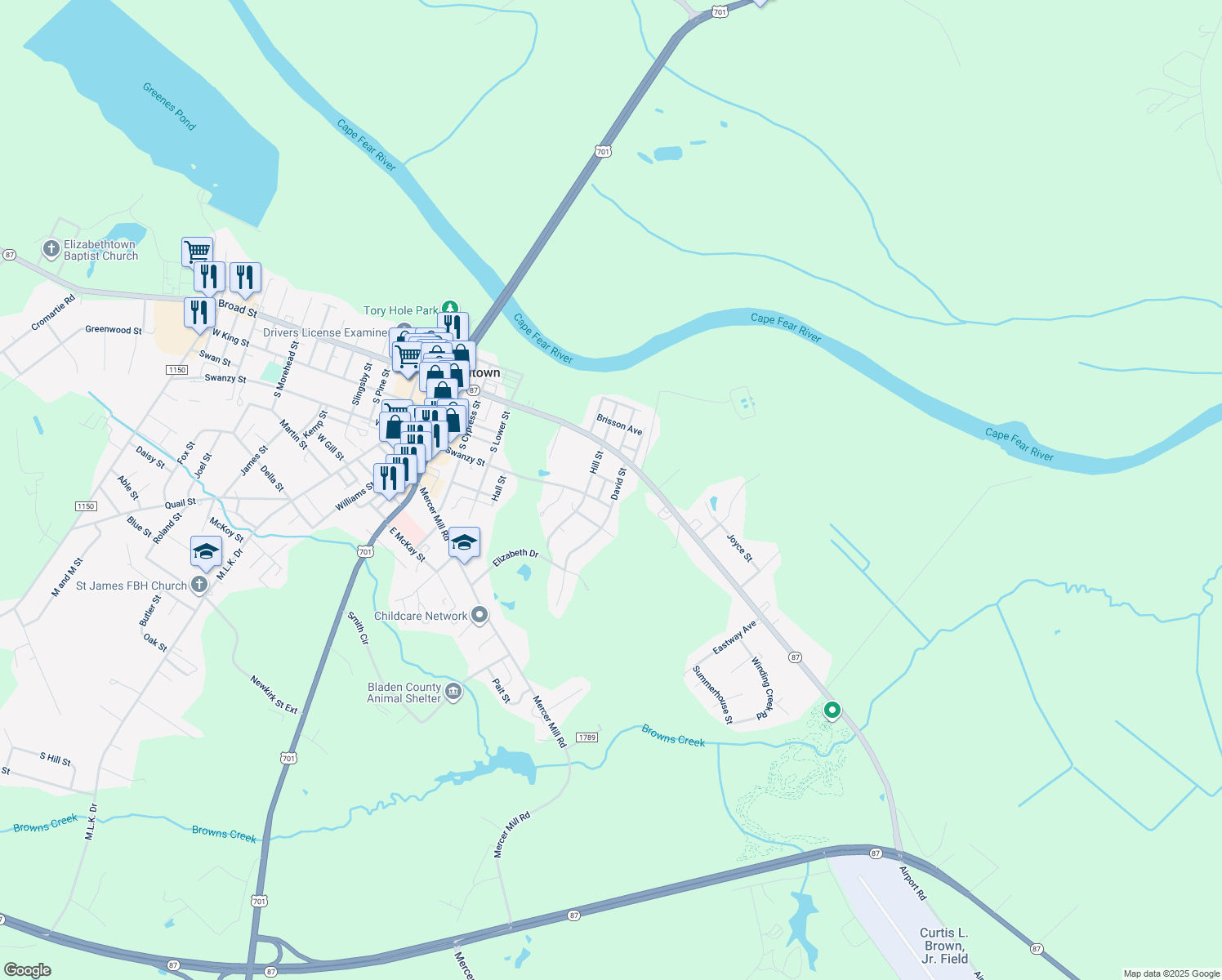 map of restaurants, bars, coffee shops, grocery stores, and more near 210 David Street in Elizabethtown