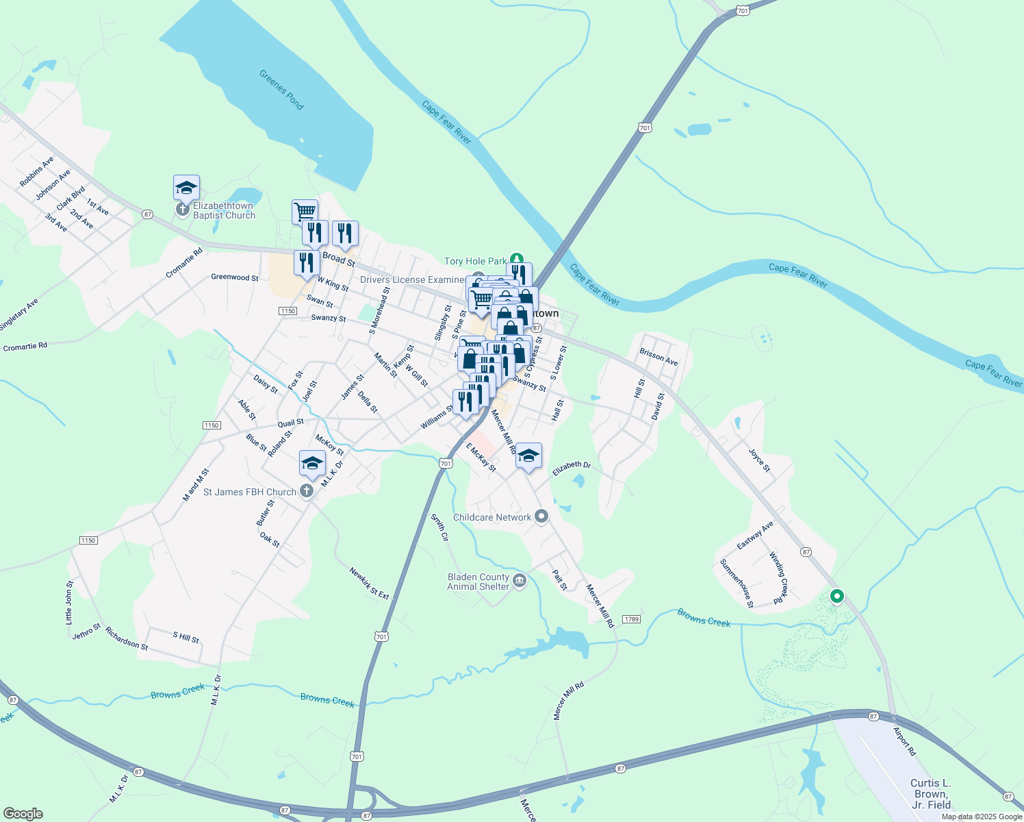 map of restaurants, bars, coffee shops, grocery stores, and more near 502 South Cypress Street in Elizabethtown