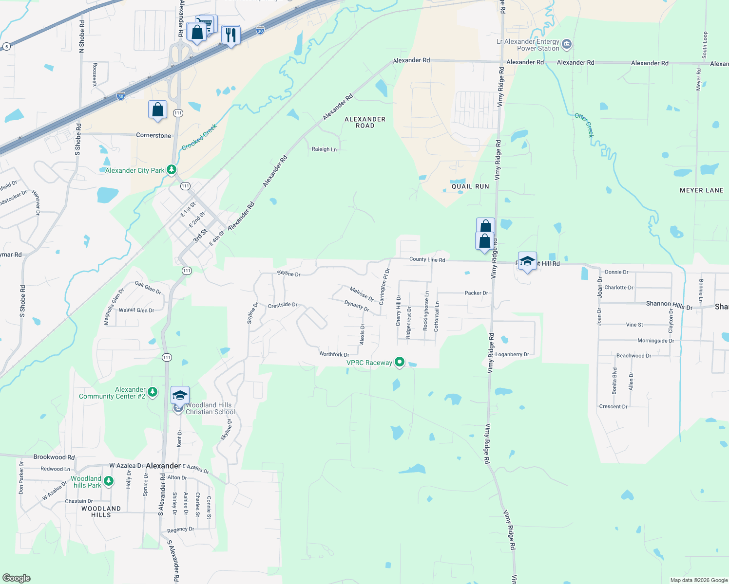 map of restaurants, bars, coffee shops, grocery stores, and more near 13424 Melrose Drive in Alexander