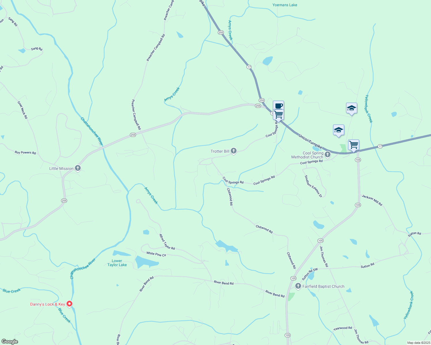 map of restaurants, bars, coffee shops, grocery stores, and more near 111 Be-A-Be Drive in Clarkesville