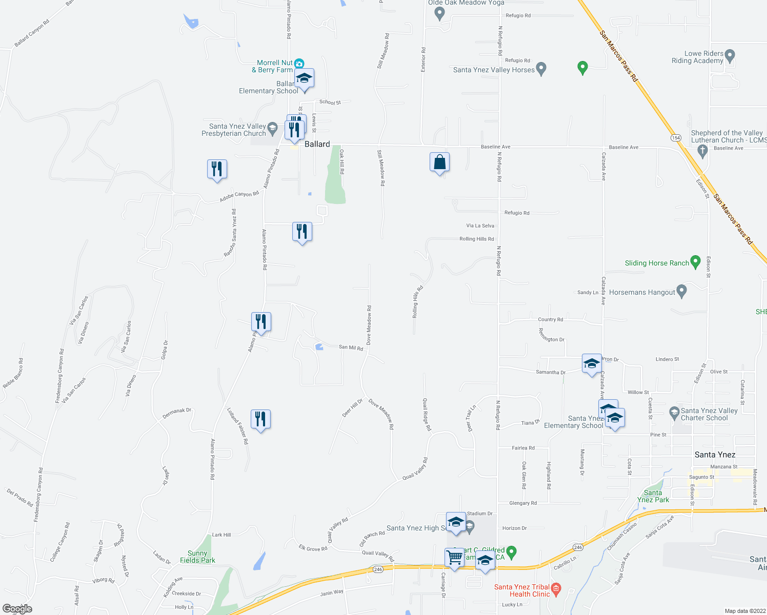 map of restaurants, bars, coffee shops, grocery stores, and more near 1490 Dove Meadow Rd in Santa Ynez