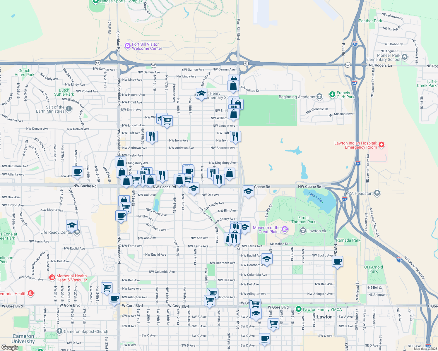 map of restaurants, bars, coffee shops, grocery stores, and more near 1211 Northwest Lawton Avenue in Lawton