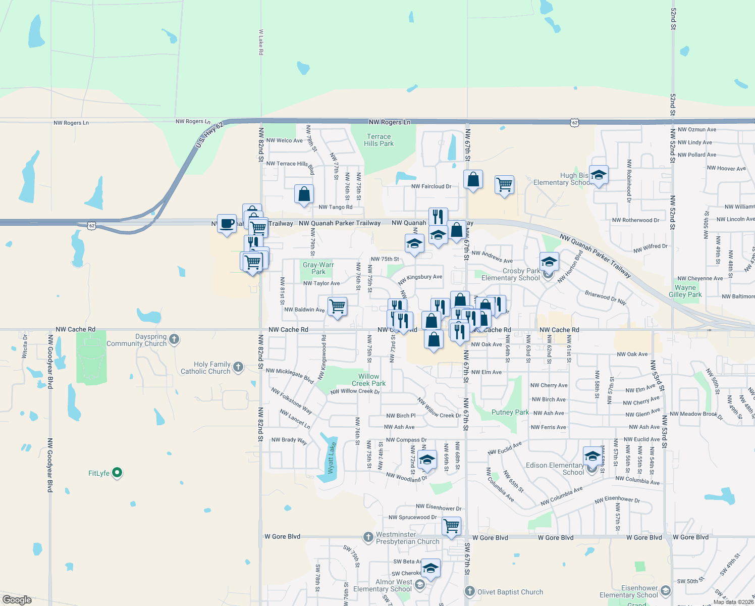 map of restaurants, bars, coffee shops, grocery stores, and more near 7222 Northwest Lawton Avenue in Lawton