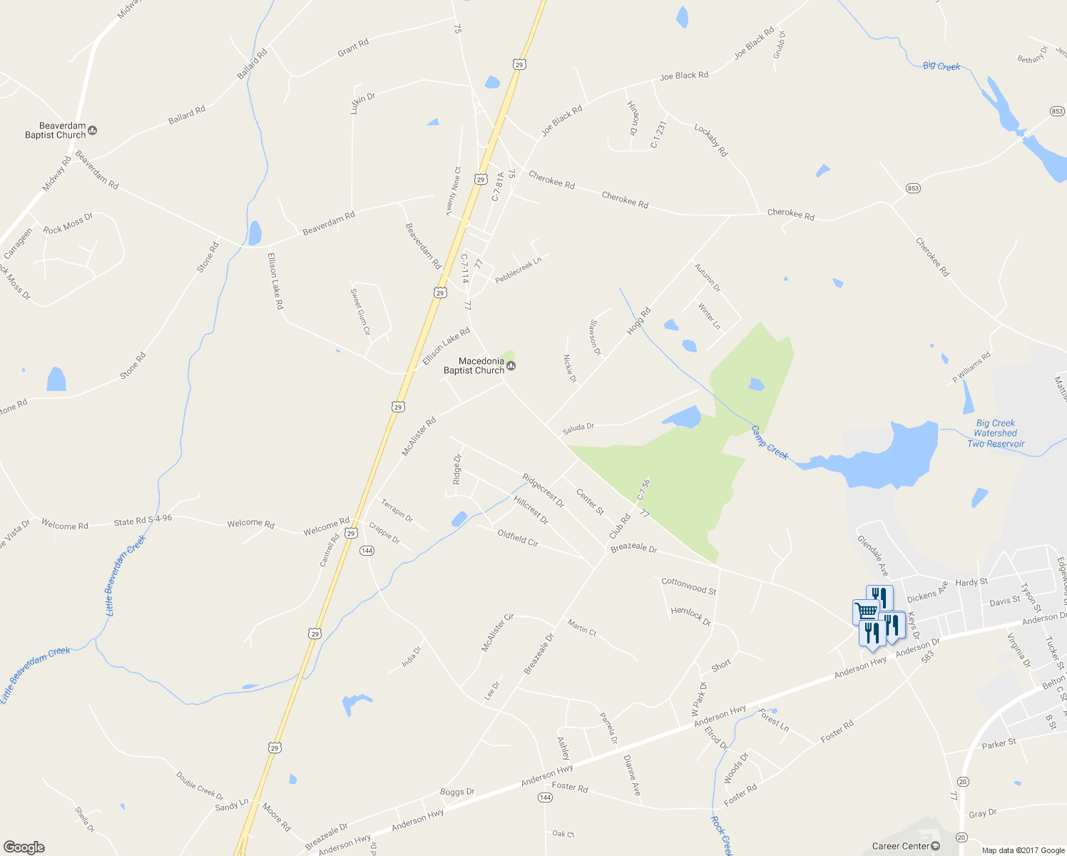 map of restaurants, bars, coffee shops, grocery stores, and more near 901 Beaverdam Road in Williamston