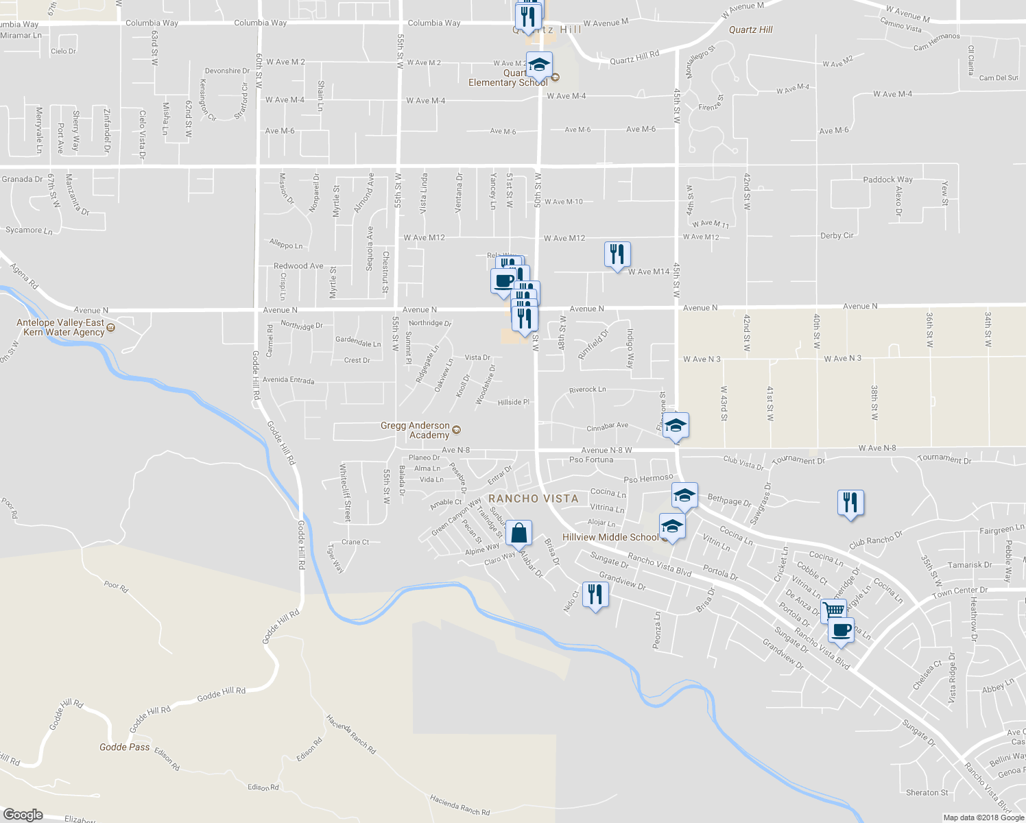 map of restaurants, bars, coffee shops, grocery stores, and more near 40908 Rise Court in Palmdale