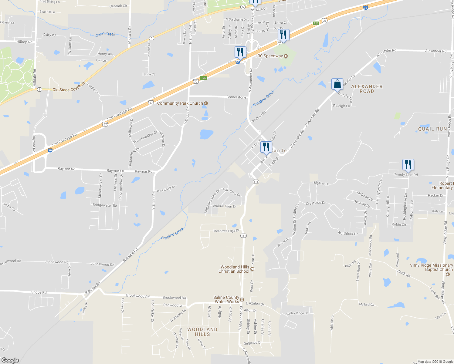 map of restaurants, bars, coffee shops, grocery stores, and more near 12526 Birch Glen Cove in Alexander